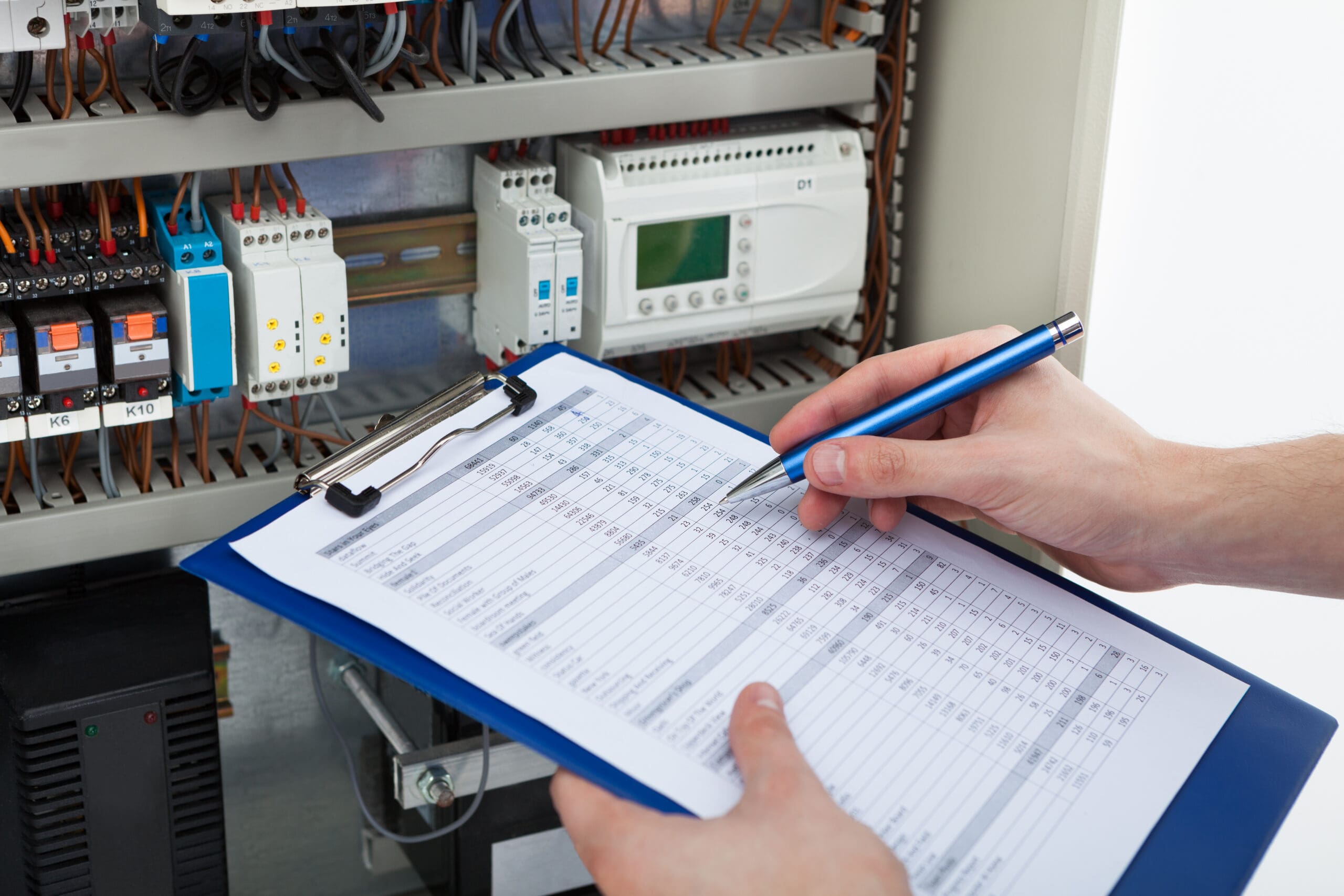 Person holding a pen and clipboard with a tick list, standing in front of an open electrical control panel with various wires and components.